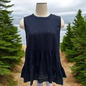 Lifestyle Sleeveless Navy Eyelet Blouse L 100% Cotton‎ Casual Boho Beach Picnic